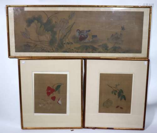 3 Framed Chinese Paintings Pair of Fruits; Ducks