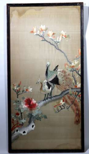 Chinese Silk Embroidery of Peacocks & Magnolia