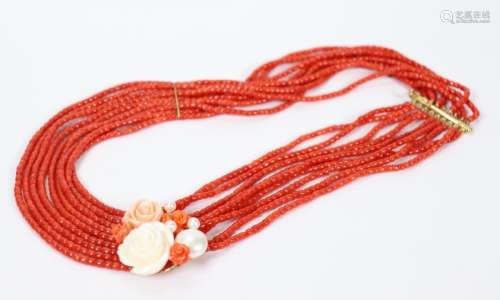 9 Strand Dark Coral Bead 18K Necklace with Roses
