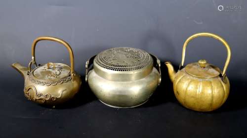 Chinese 19 C Baitong Hand warmer; 2 Bronze Teapots