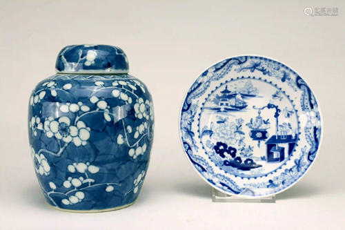 BLUE AND WHITE PLATE AND JAR