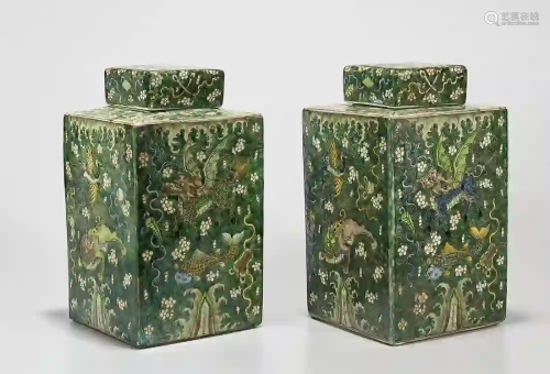 Pair Chinese Famille Verte Porcelain Four-Faceted