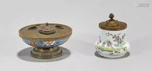 Two Enameled and Painted Porcelain Inkwells