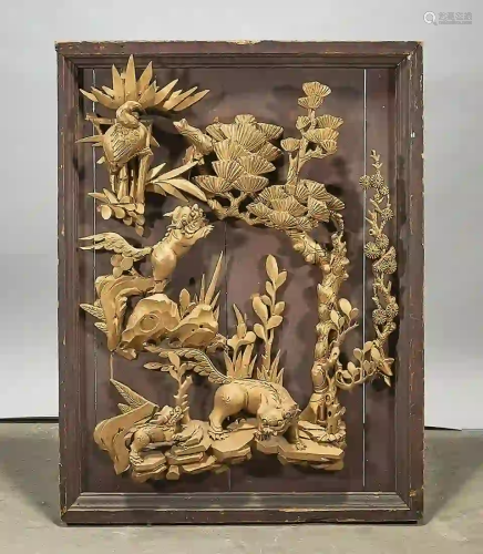 Chinese Gilt Carved Wood Relief Panel