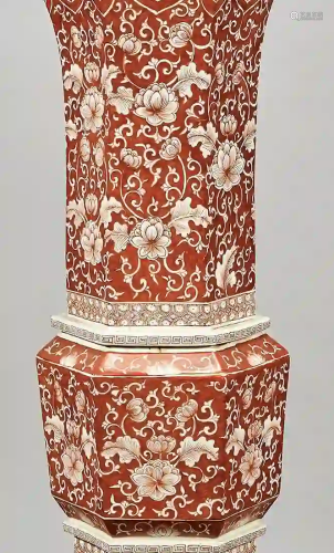 Tall Chinese Red and White Porcelain Hexagonal Gu-Form