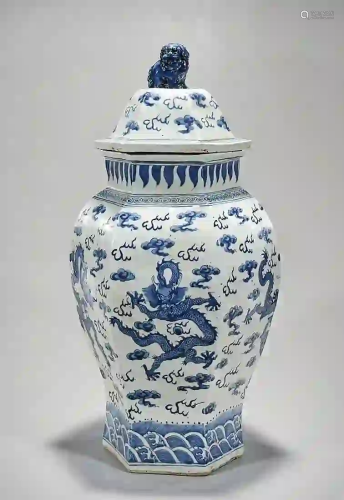 Tall Chinese Blue and White Porcelain Hexagonal Covered