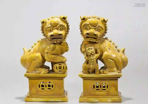 Pair Chinese Yellow Glazed Porcelain Fo Lions