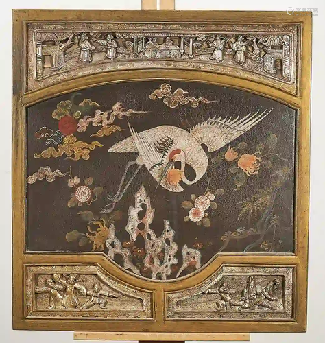 Chinese Carved and Painted Wood Panel