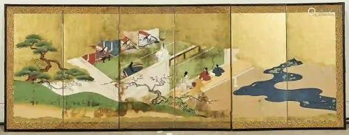 Antique Japanese Six-Panel Painted Paper Screen