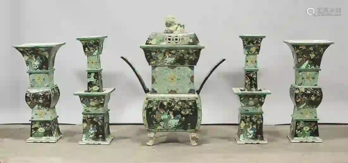 Five-Piece Chinese Enameled Porcelain Altar Garniture