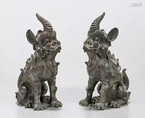 Pair Chinese Bronze Qilin