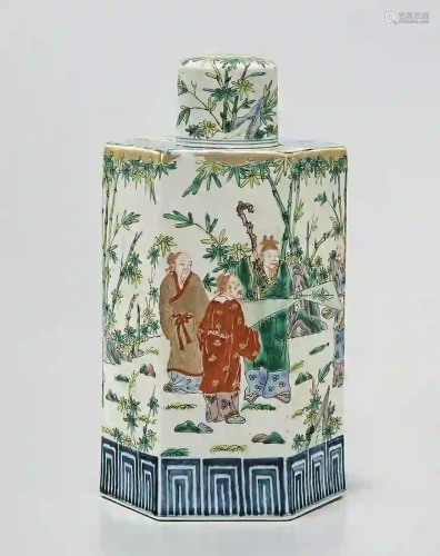 Chinese Enameled Porcelain Hexagonal Covered Container