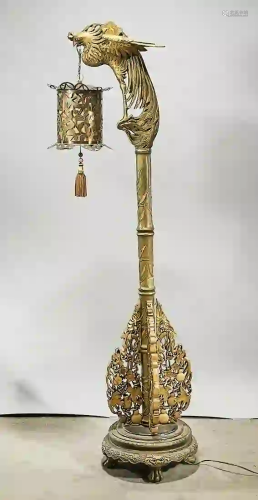 Chinese Carved Gilt Wood Lampstand and Lamp
