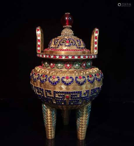 A QING DYNASTY BRONZE GILDED  INLAID GEM INCENSE BURNER