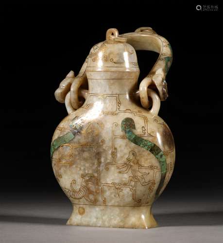 A TANG DYNASTY GOLD INLAID JADE BOTTLE