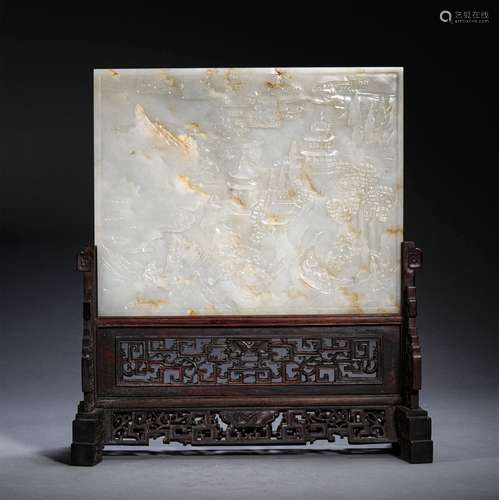 A QING DYNASTY CARVED WHITE JADE TABLE SCREEN