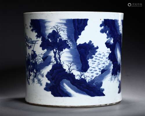 A MING DYNASTY BLUE AND WHITE CHARACTER PATTERN BRUSH POT