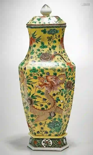 Tall Chinese Enameled Porcelain Hexagonal Covered Vase