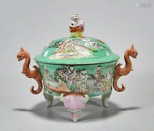 Chinese Enameled and Painted Porcelain Covered Censer