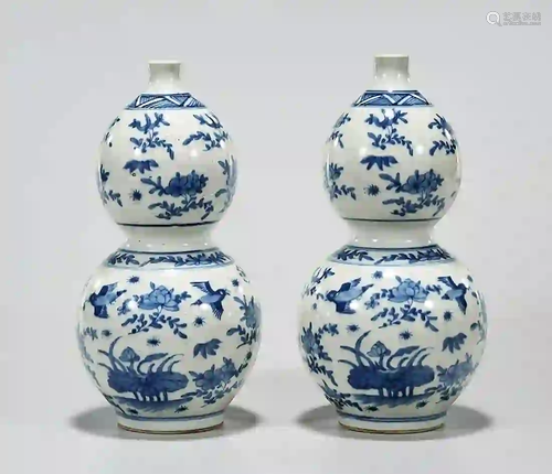 Pair Chinese Blue and White Porcelain Double Gourd