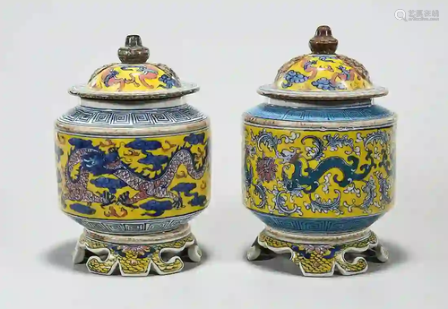 Two Chinese Enameled Porcelain Covered Censers