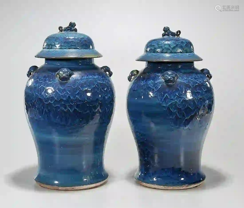 Two Chinese Blue Glazed Porcelain Covered Vases