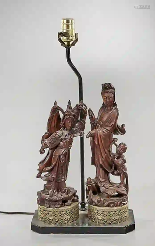 Chinese Carved Wood Figural Lamp