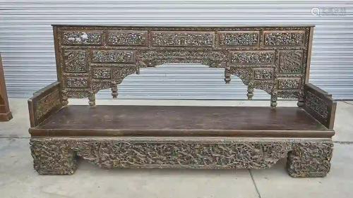 Large Elaborate Chinese Hard Wood Bench