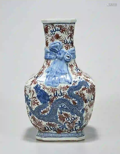 Chinese Red, Blue and White Porcelain Four-Faceted Vase