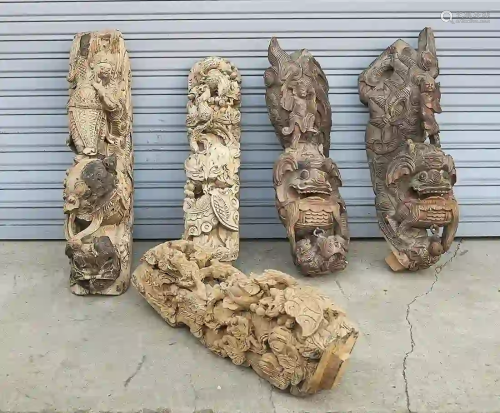 Group of Five Chinese Carved Wood Architectural