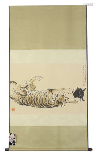 CHINESE HANGING SCROLL PAINTING OF TIGER & BLACK RABBIT