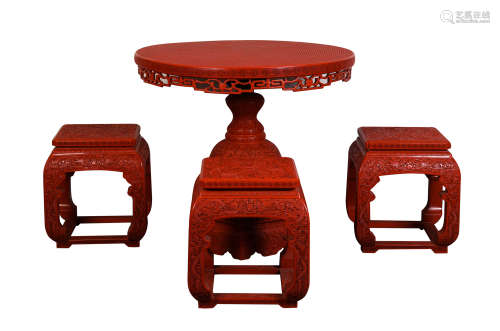 SET OF CHINESE CARVED LACQUERWARE ROUND TABLE AND STOOLS