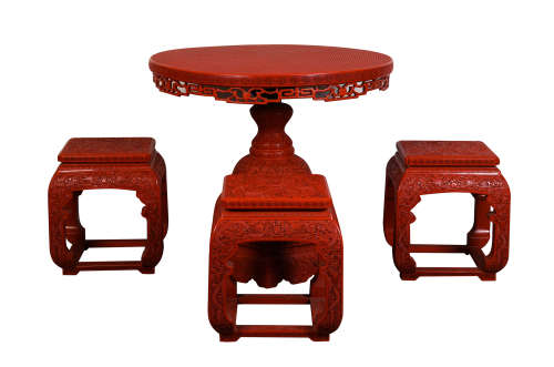 SET OF CHINESE CARVED LACQUERWARE ROUND TABLE AND STOOLS
