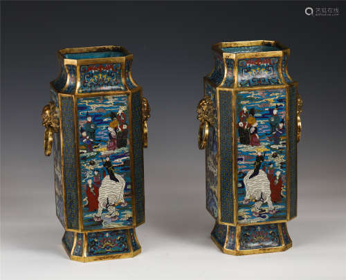 TWO CHINESE CLOISONNE FIGURE STORY DOUBLE-HANDLE VASES