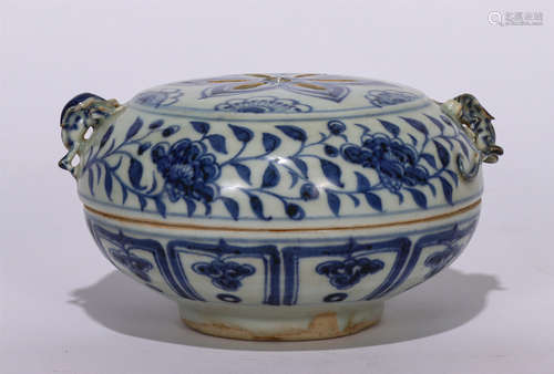 CHINESE BLUE&WHITE FLOWERS DESIGN BEAST HANDLE LIDDED BOX