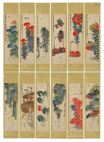 TWELVE CHINESE PAINTINGS OF FLOWERS, VEGETABLES & FRUITS