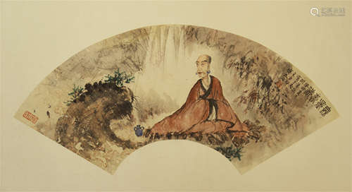 CHINESE FOLDING FAN PAINTING OF LANDSCAPE AND FIGURE