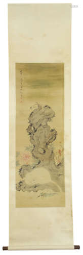 CHINESE HANGING SCROLL PAINTING, WHITE CAT & FLOWERS