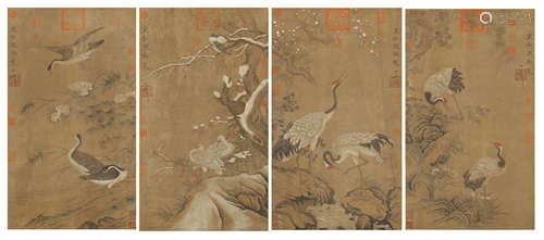 FOUR CHINESE PAINTING HANGING SCROLLS OF FLOWERS & BIRDS