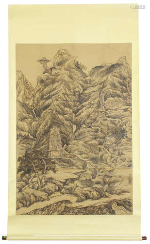 CHINESE HANGING SCROLL PAINTING OF LANDSCAPE AND FIGURES