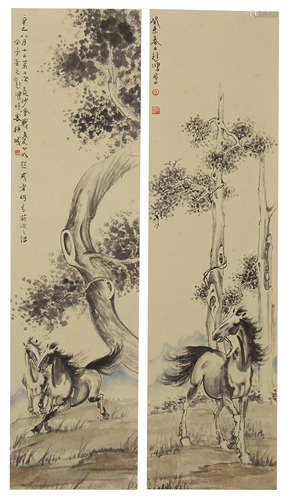 TWO CHINESE INK PAINTINGS OF STEEDS AND TREES