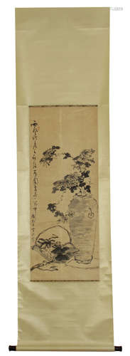 CHINESE HANGING SCROLL INK PAINTING OF ARRANGED FLOWERS