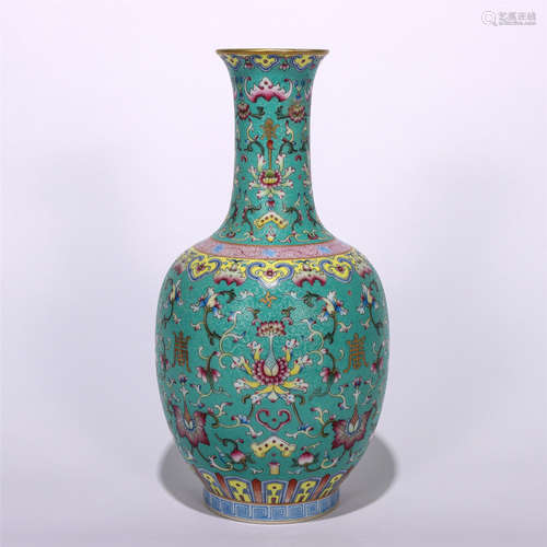 CHINESE BLUE GROUND FAMILLE ROSE FLOWERS PATTERNS VASE