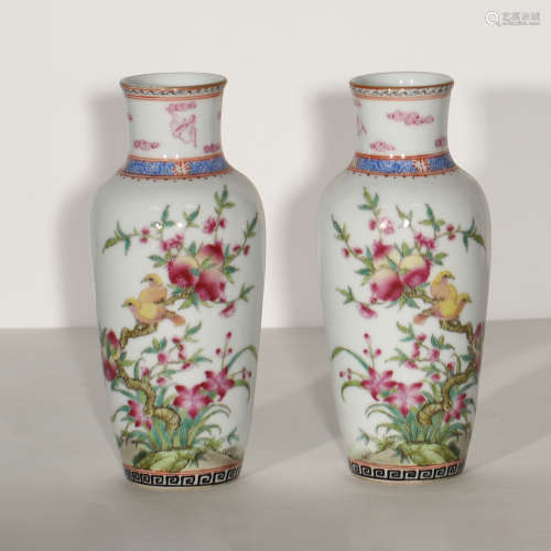 PAIR OF CHINESE FAMILLE ROSE FLOWERS AND BIRDS VASES