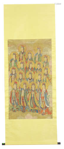 CHINESE HANGING SCROLL COLOR PAINTING OF BUDDHAS