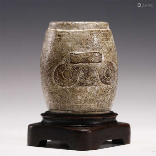 CHINESE ENGRAVED PATTERNS JADE CONG WITH PEDESTAL