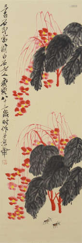 CHINESE COLOR INK PAINTING OF FLOWERS AND GRASSHOPPERS