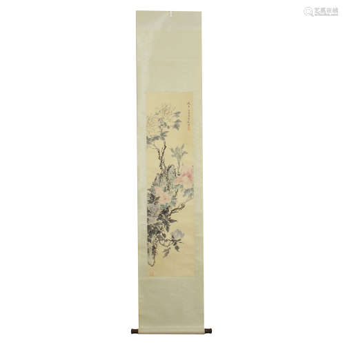 CHINESE LIGHT-COLOR PAINTING HANGING SCROLL, PEONIES