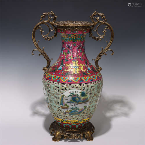 CHINESE GILT BRONZE DECORATED FAMILLE ROSE HOLLOW VASE