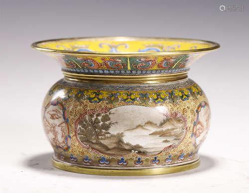 CHINESE PAINTED ENAMEL LANDSCAPE FLOWER POT